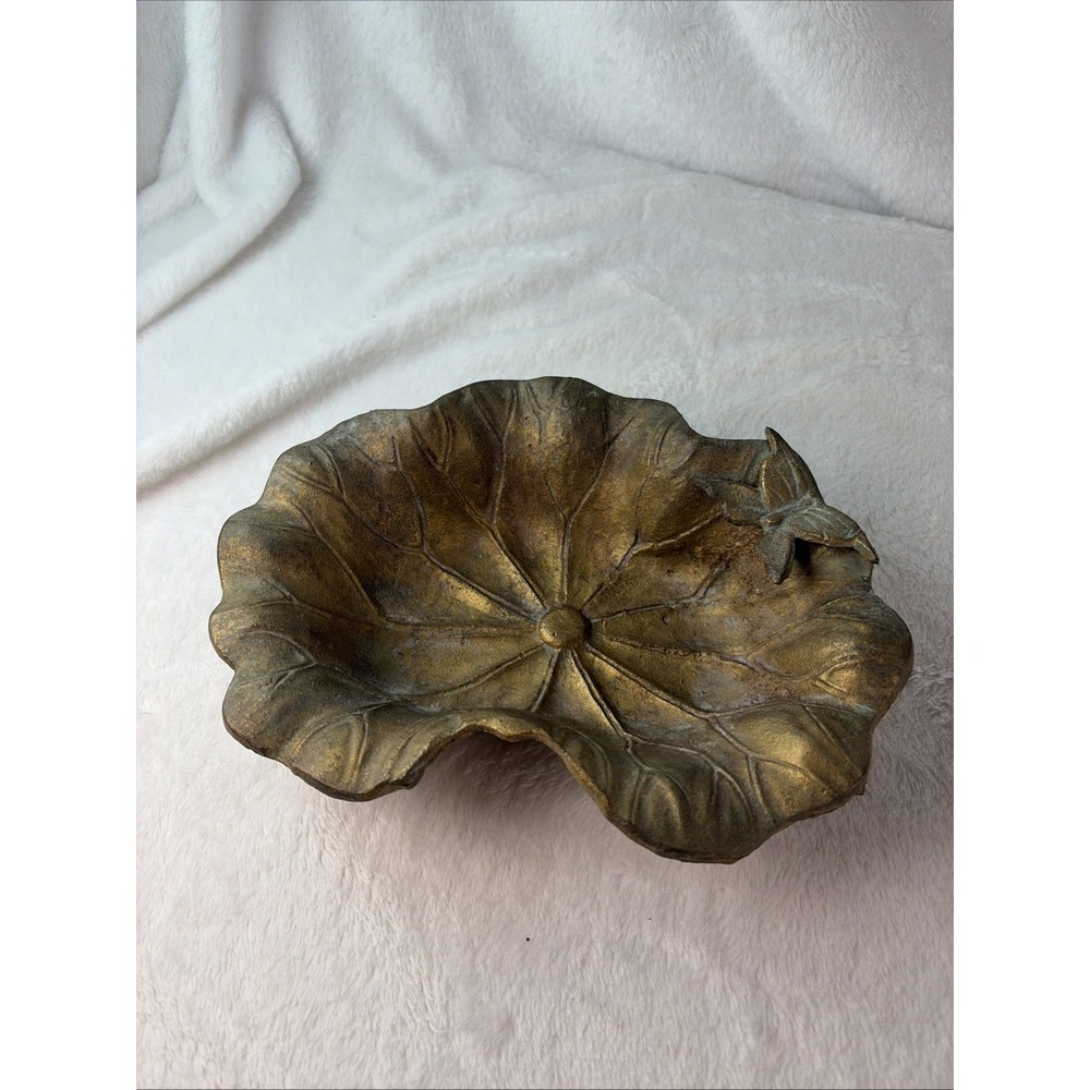 Vtg 50s Ardalt Japan Brass Lotus Leaf Trinket Dish Butterfly Accent Aged Patina